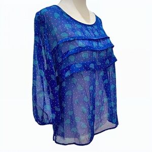 Hello Kitty Sheer Cobalt Blue Ruffle Blouse‎ Women's L, Fits Like M, Pink Hearts